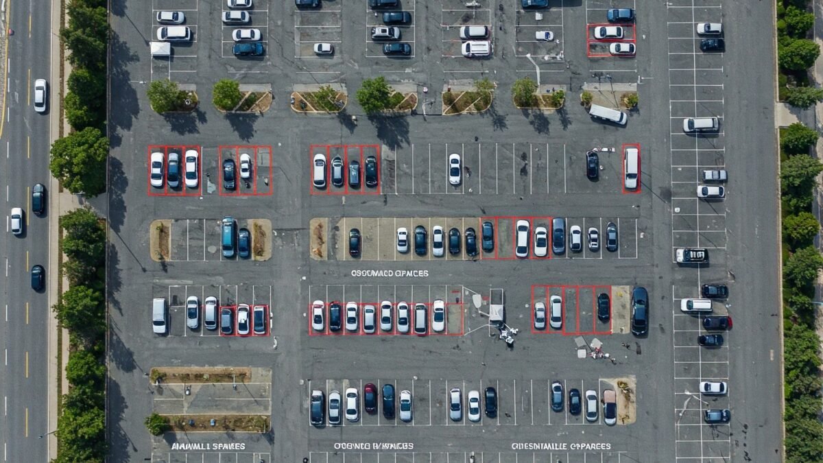 Drone Haritalama ile park alanı analizi, otopark doluluk haritası, boş ve dolu park yerleri.