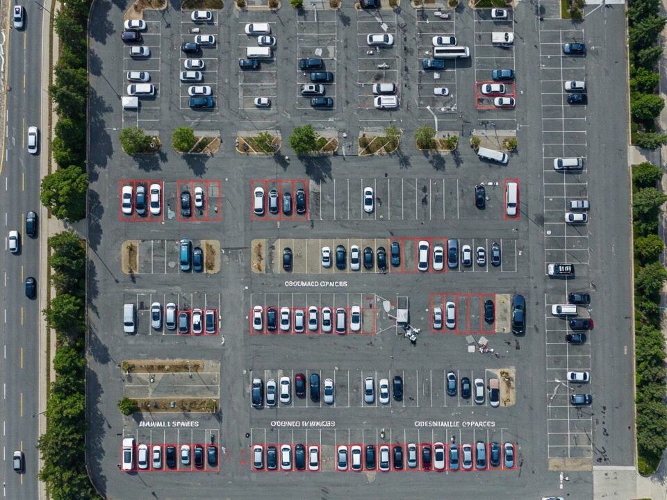 Drone Haritalama ile park alanı analizi, otopark doluluk haritası, boş ve dolu park yerleri.